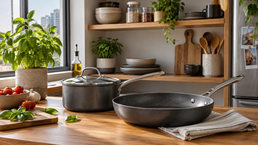 Cena ilustrativa com panela e frigideira cinza em uma cozinha compacta